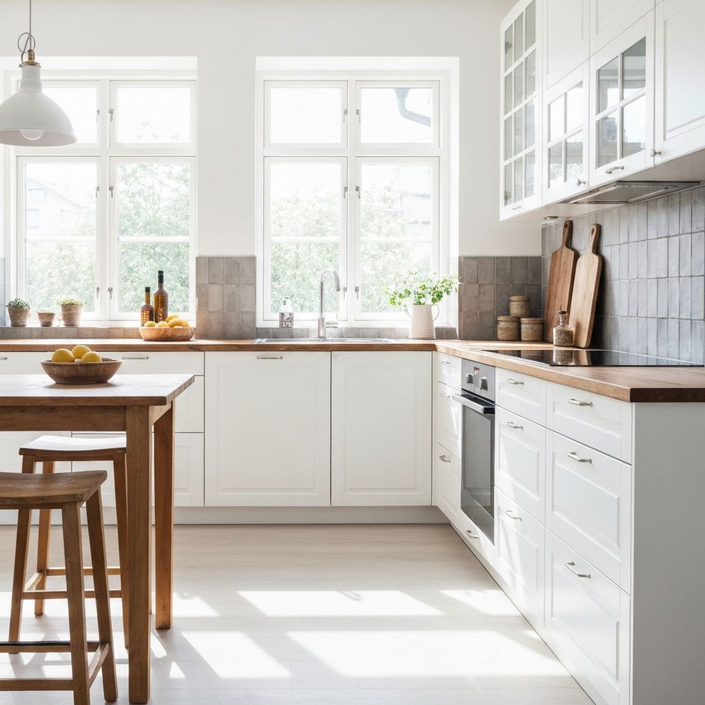 Lyst køkken med trædetaljer